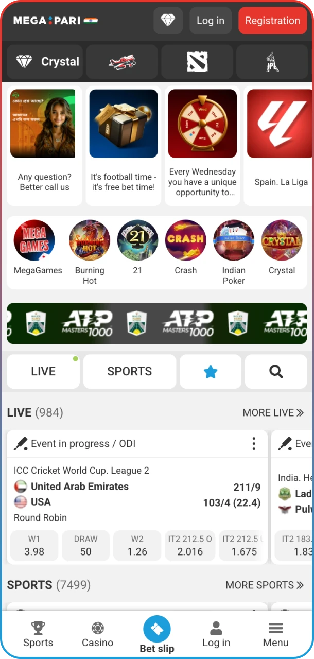 Explore home screen and start gaming on MegaPari.