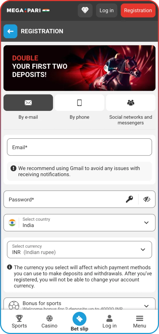 Register easily through the app and play on MegaPari.