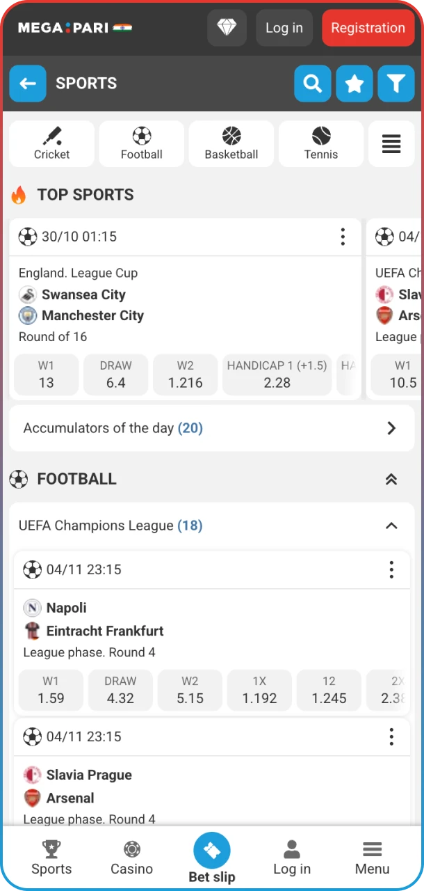 Bet on top sports events using MegaPari app.