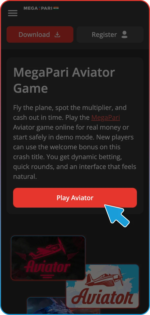 Click the button to start Aviator on MegaPari.