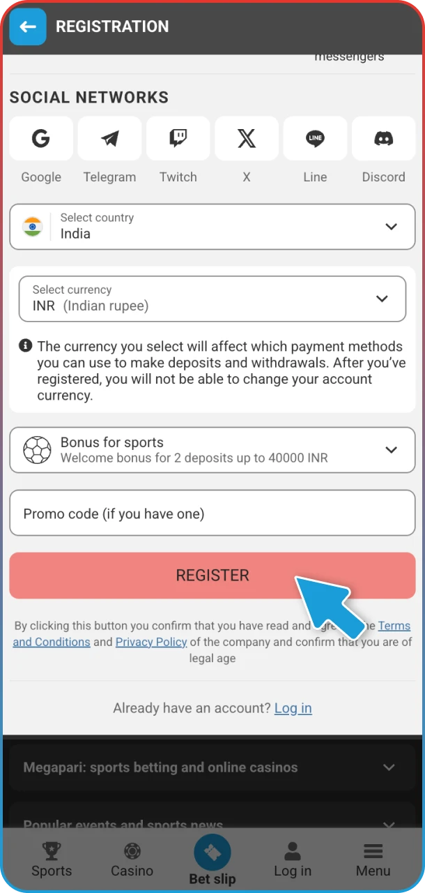 Register fast and start cricket betting on MegaPari.
