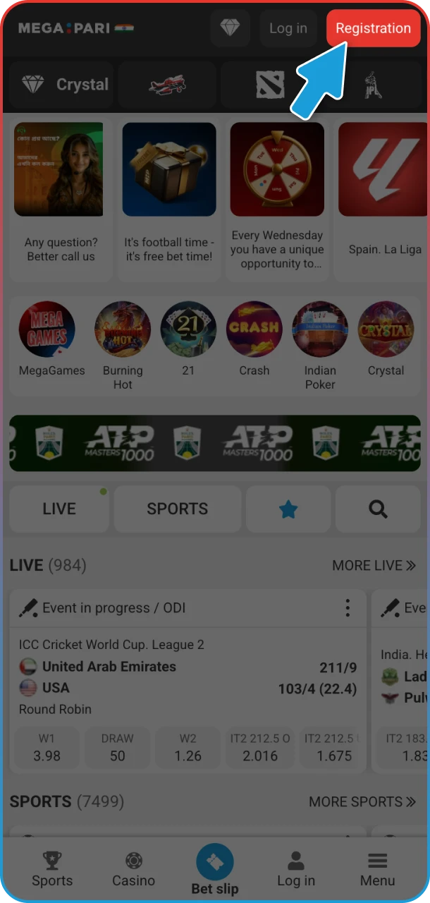 Click register button and start gaming at MegaPari.