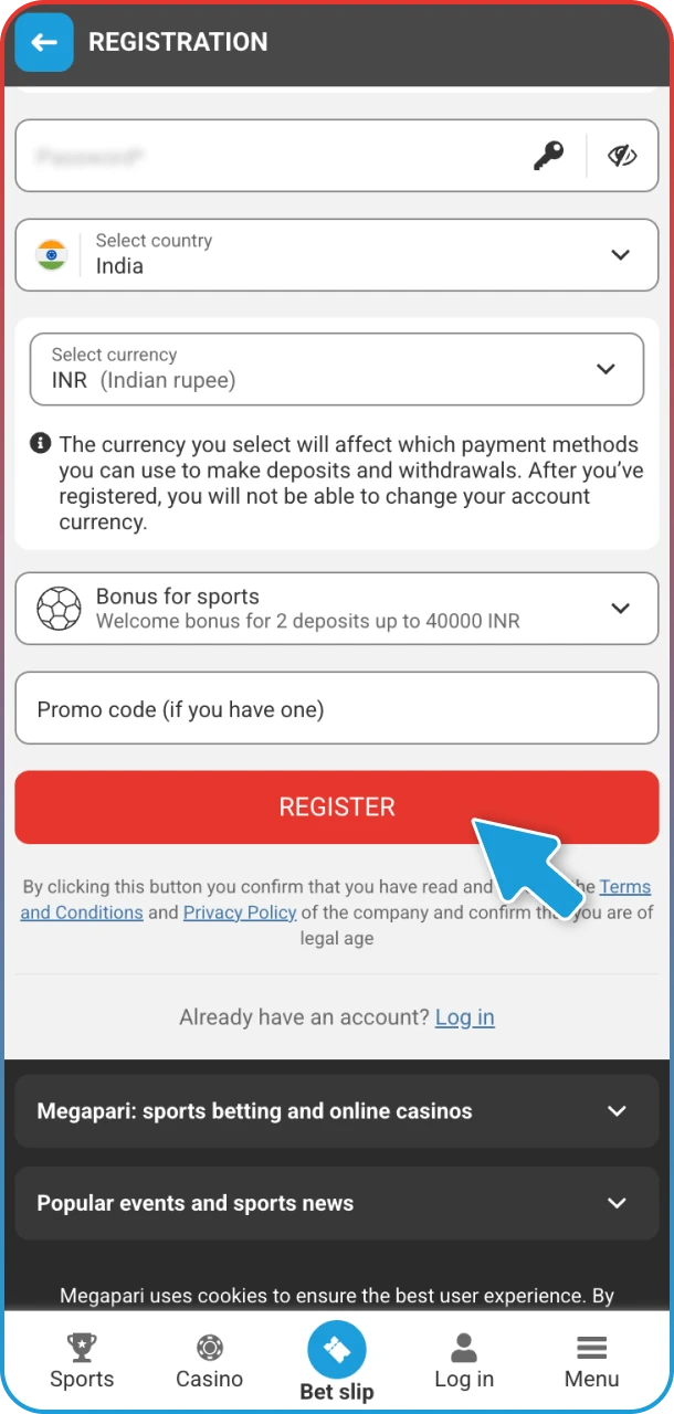 Complete registration form and join MegaPari now.