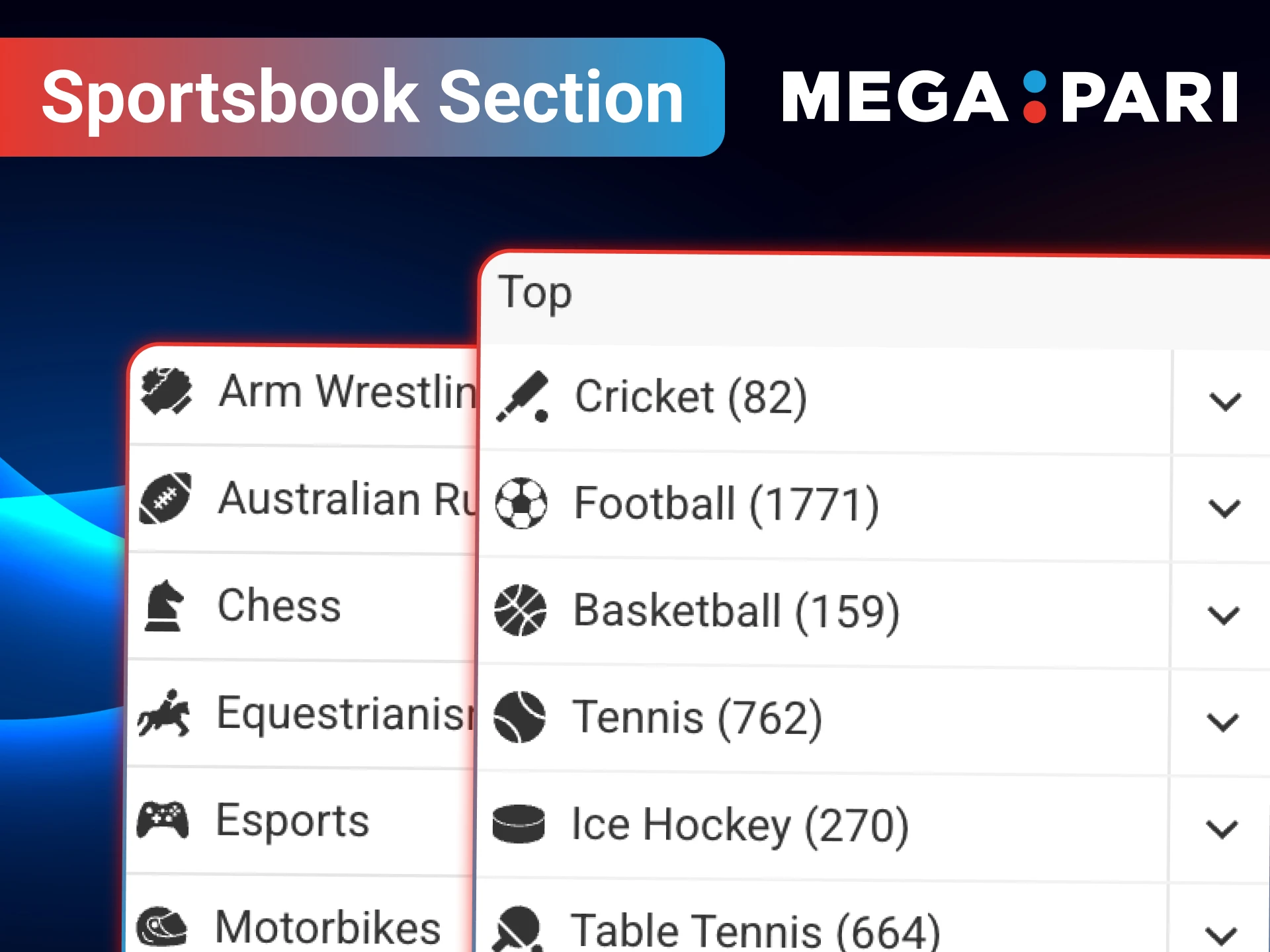 Explore sportsbook section and bet on MegaPari.