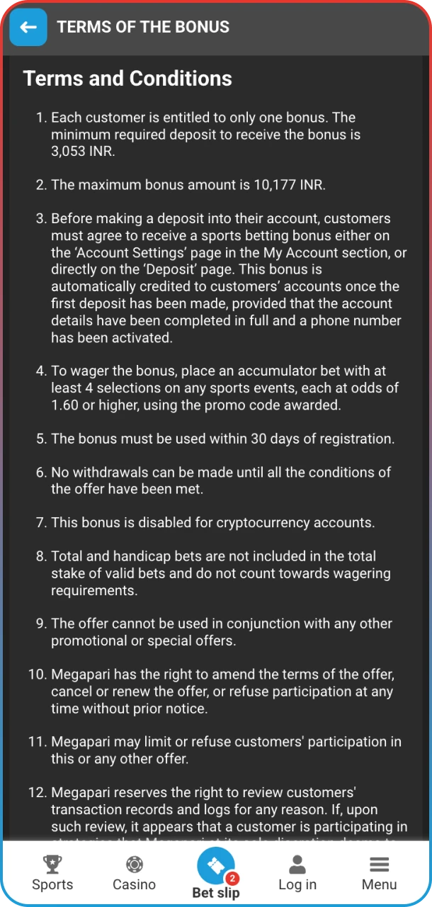 Complete bonus activation and start winning on MegaPari.