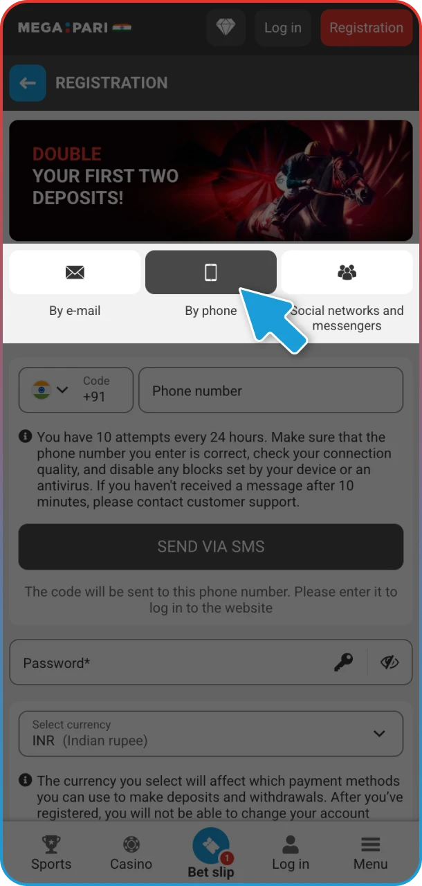 Choose your registration method and start winning on MegaPari.