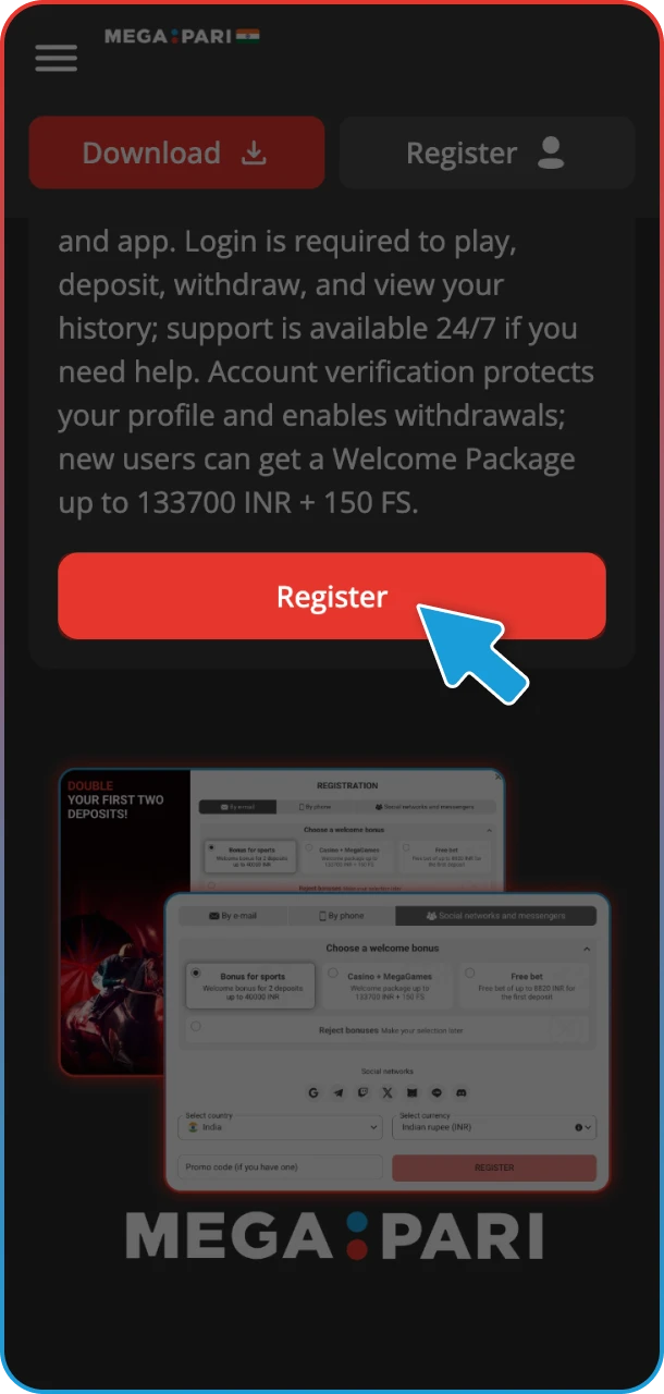 Start registration quickly and claim your MegaPari rewards.