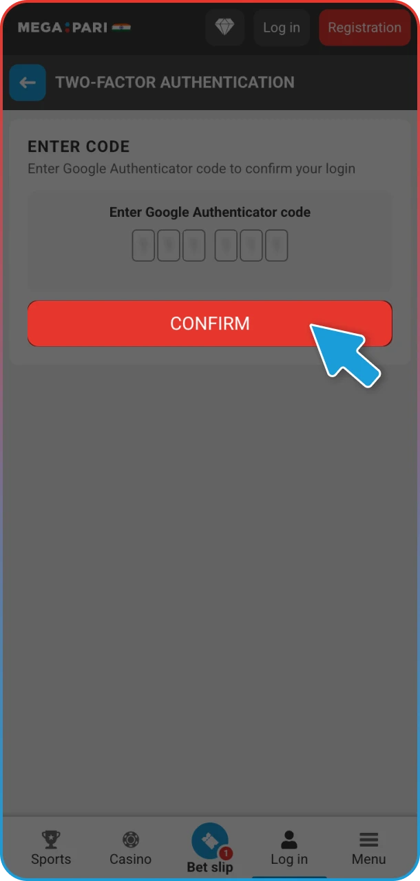 Finish login process and start winning on MegaPari.
