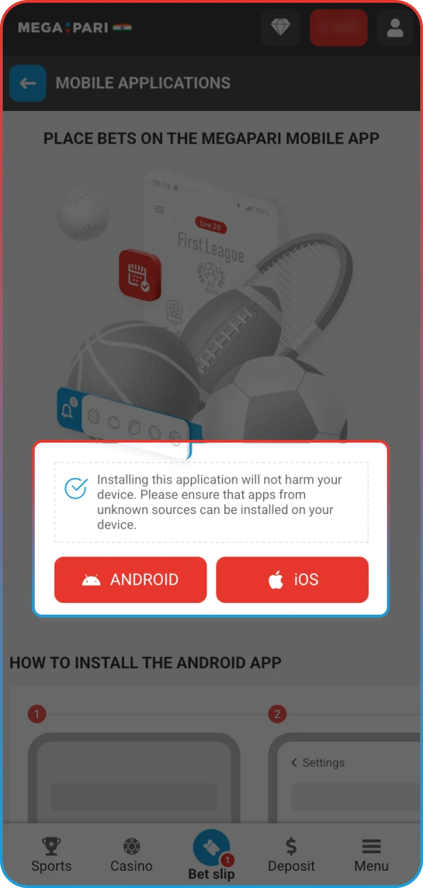 Choose Android or iOS app and enjoy MegaPari tennis.