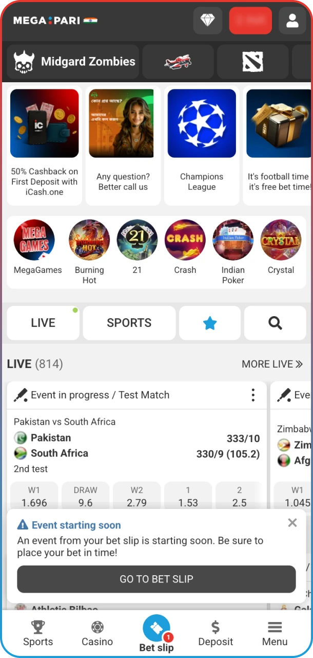 Open MegaPari website and launch tennis app easily.