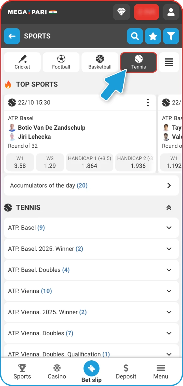 Go to sports section and enjoy tennis on MegaPari.