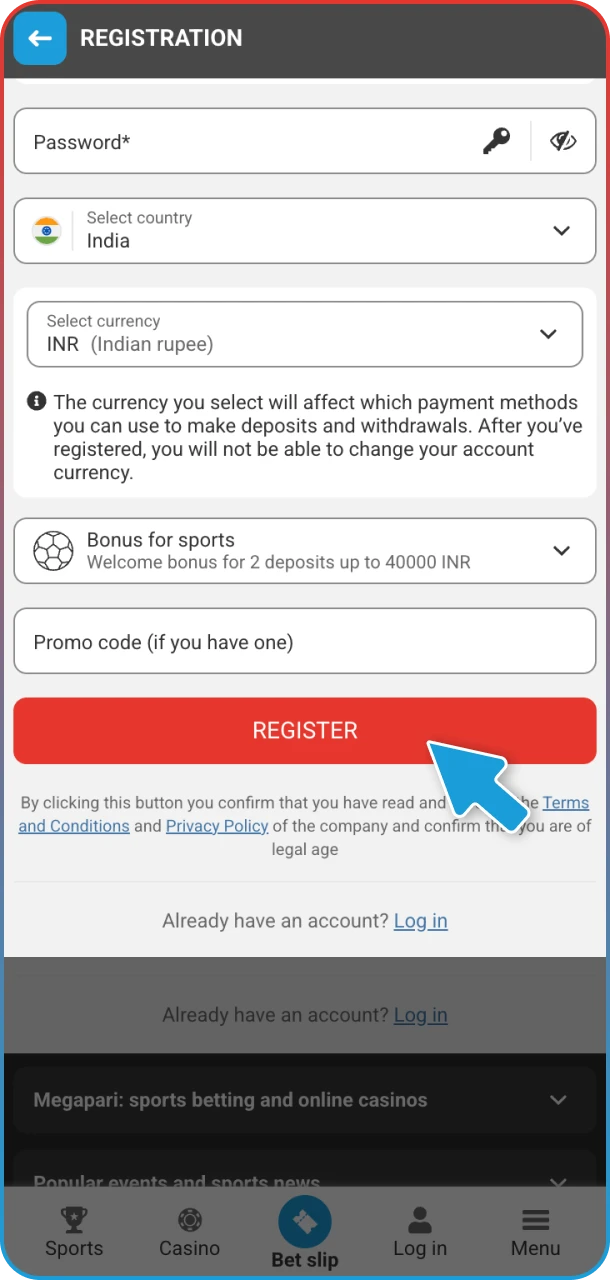 Register fast and start tennis betting on MegaPari.