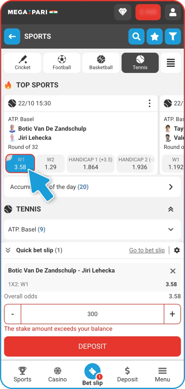 Tap a tennis market and place your bet MegaPari.
