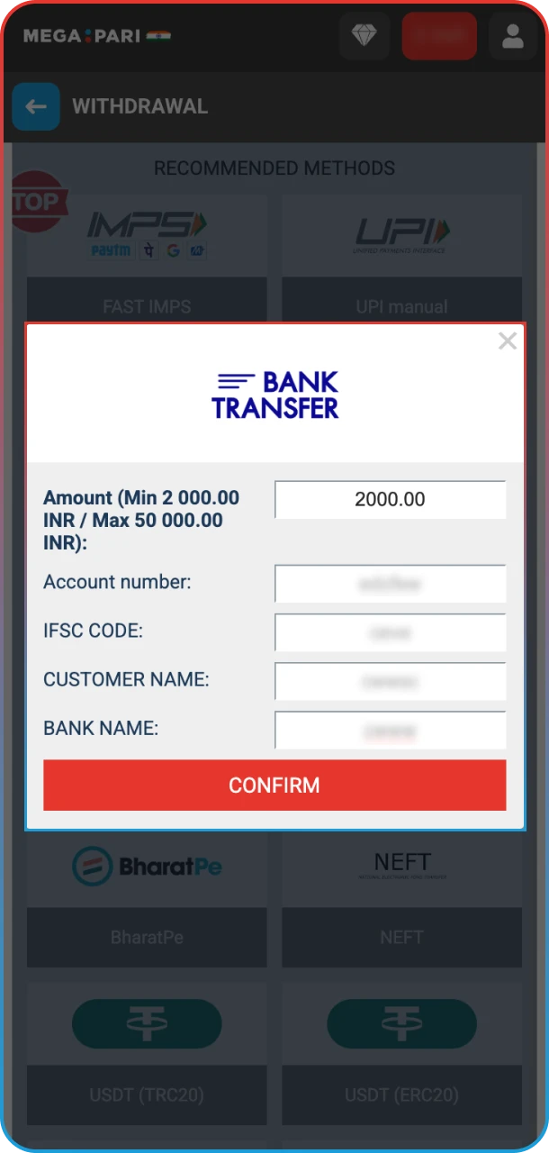 Add recipient details and withdraw winnings on MegaPari.