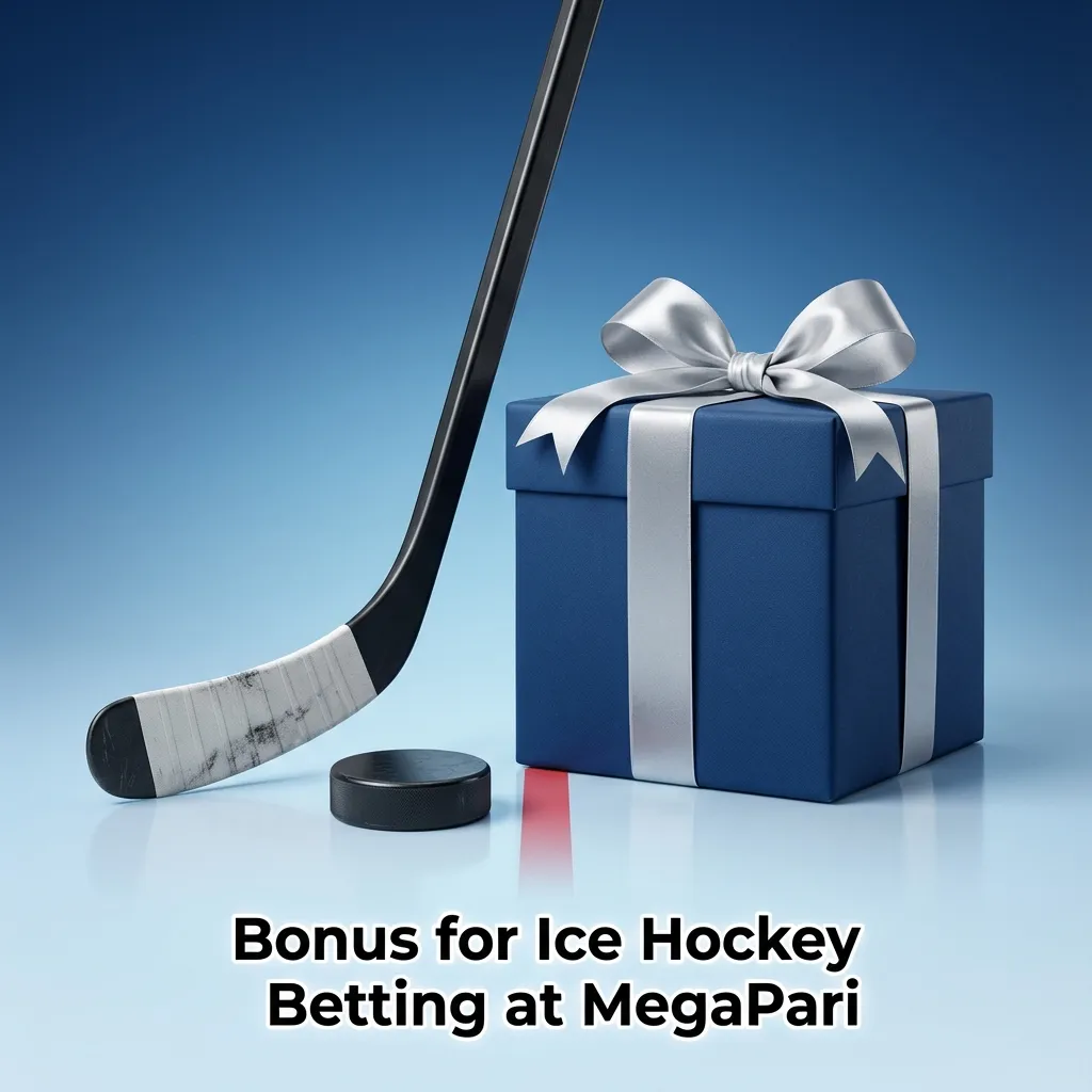 MegaPari ice hockey betting welcome bonus banner: 100% up to ₹10,000, with puck and rink graphics.