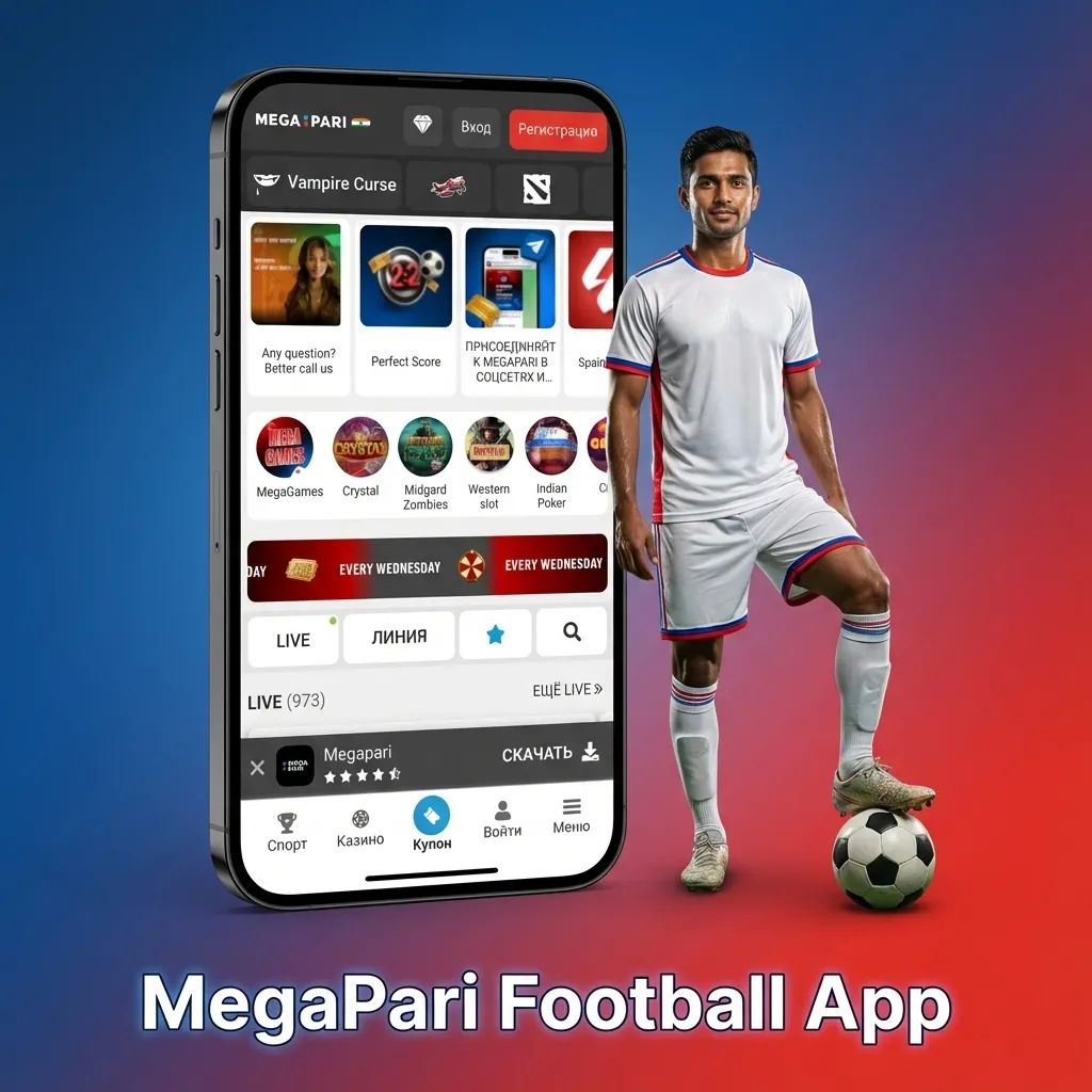 Two smartphones show the MegaPari Football app with in-play odds, Cash Out, live scores, and secure INR payments.