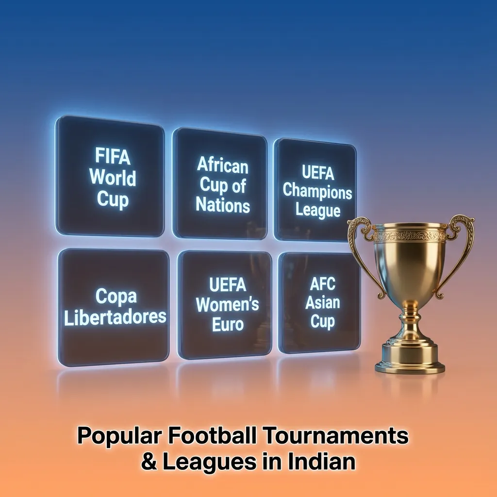 Collage of global and Indian football leagues and cups: FIFA World Cup, UEFA Champions & Europa League, ISL, EPL, AFC CL.