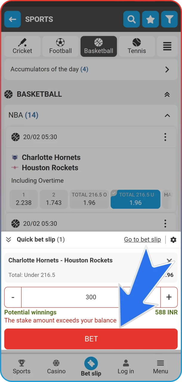 Place your basketball bet in the MegaPari app.