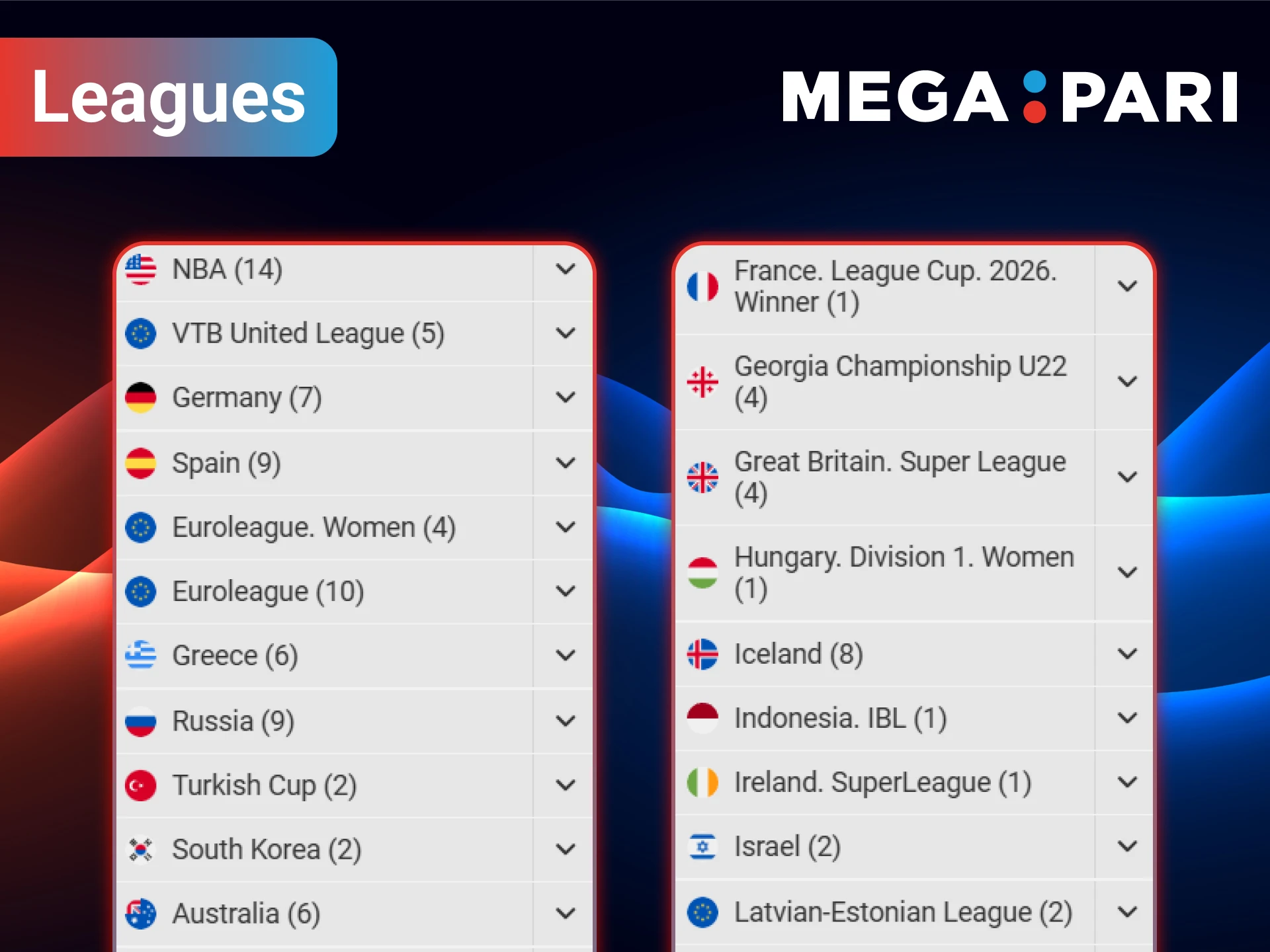 All world leagues are available for basketball betting with MegaPari.