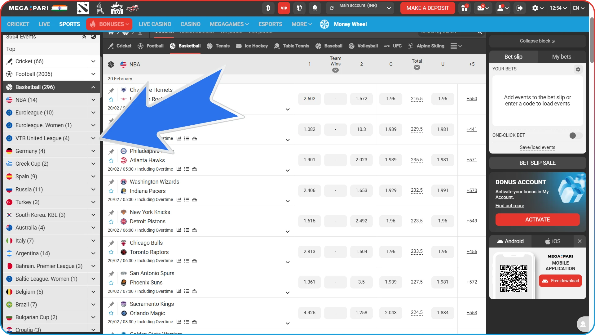 Choose one of the basketball leagues on the MegaPari website.