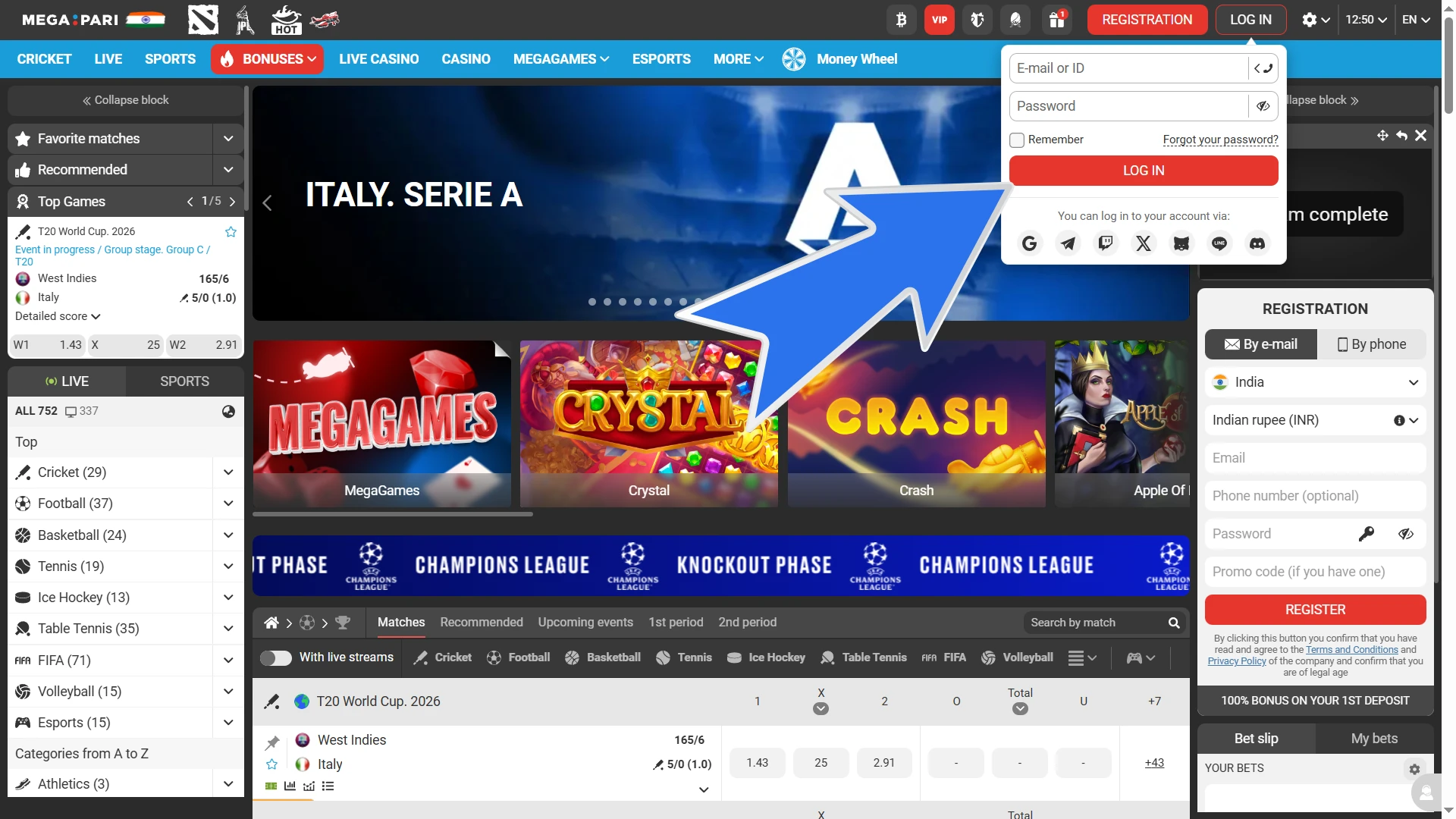 Log in to your MegaPari basketball betting account.