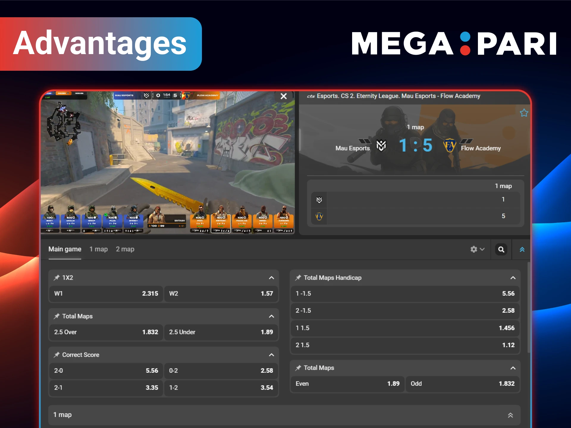 Here are a number of advantages for betting on CS 2 from MegaPari.