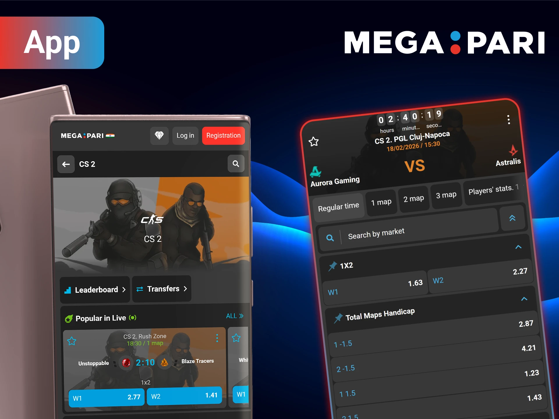 You can place bets on CS 2 events in the MegaPari app.