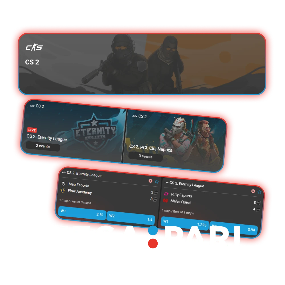 MegaPari recommends CS 2 for betting on eSports.