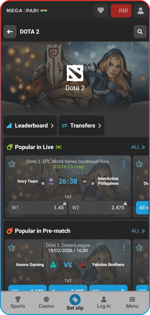 Find Dota 2 in the eSports section of the MegaPari website.