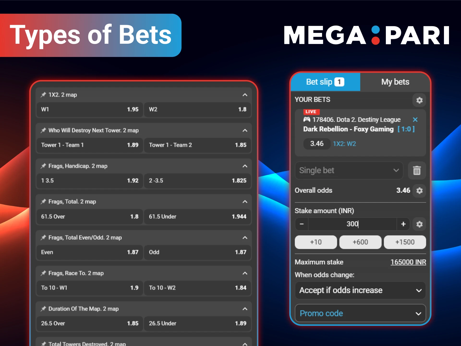The type of bet on Dota 2 from MegaPari depends entirely on you.