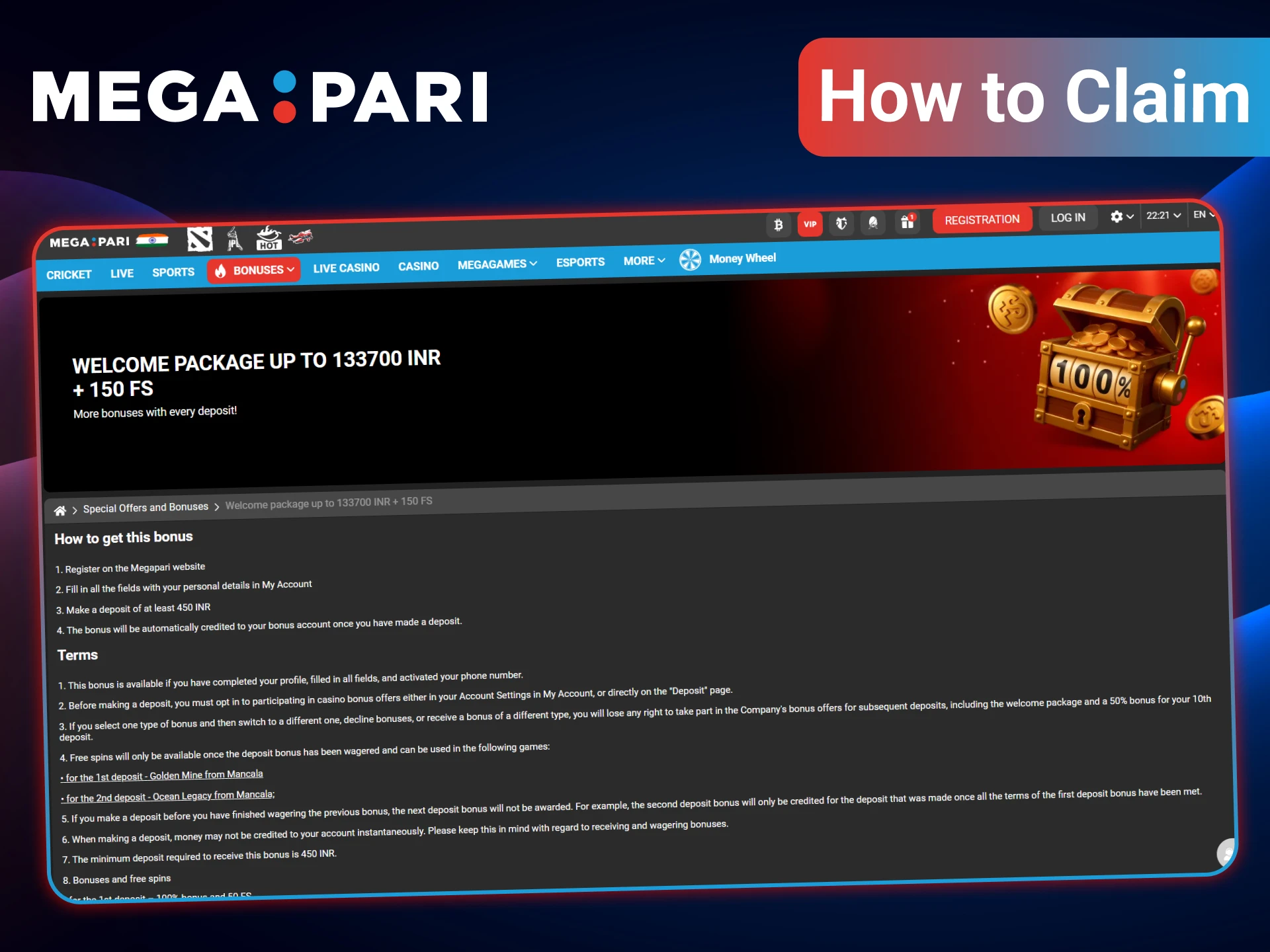 It only takes a couple of steps to receive a welcome bonus for eSports from MegaPari.