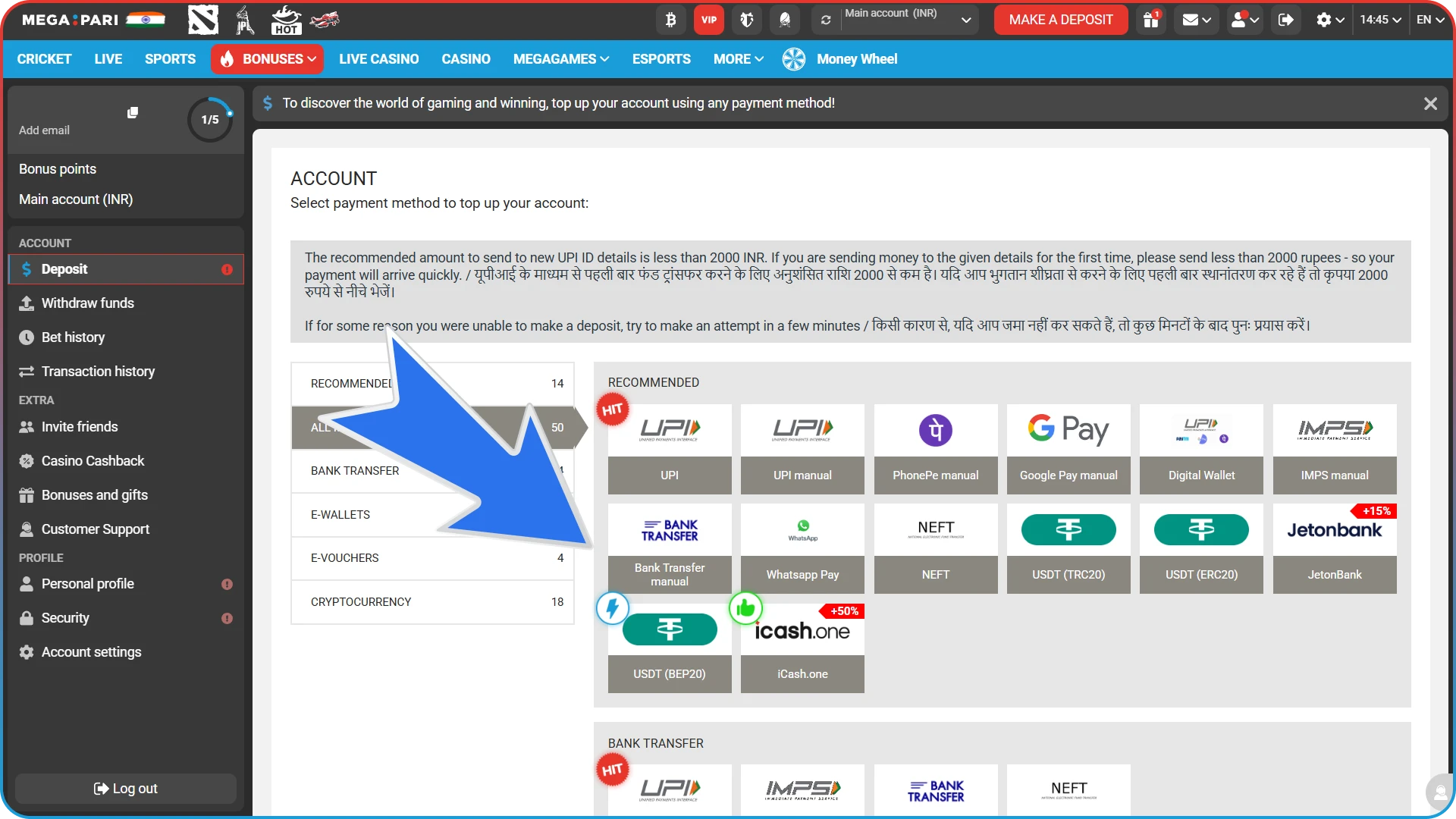 Make a deposit before placing a bet on esports from MegaPari.