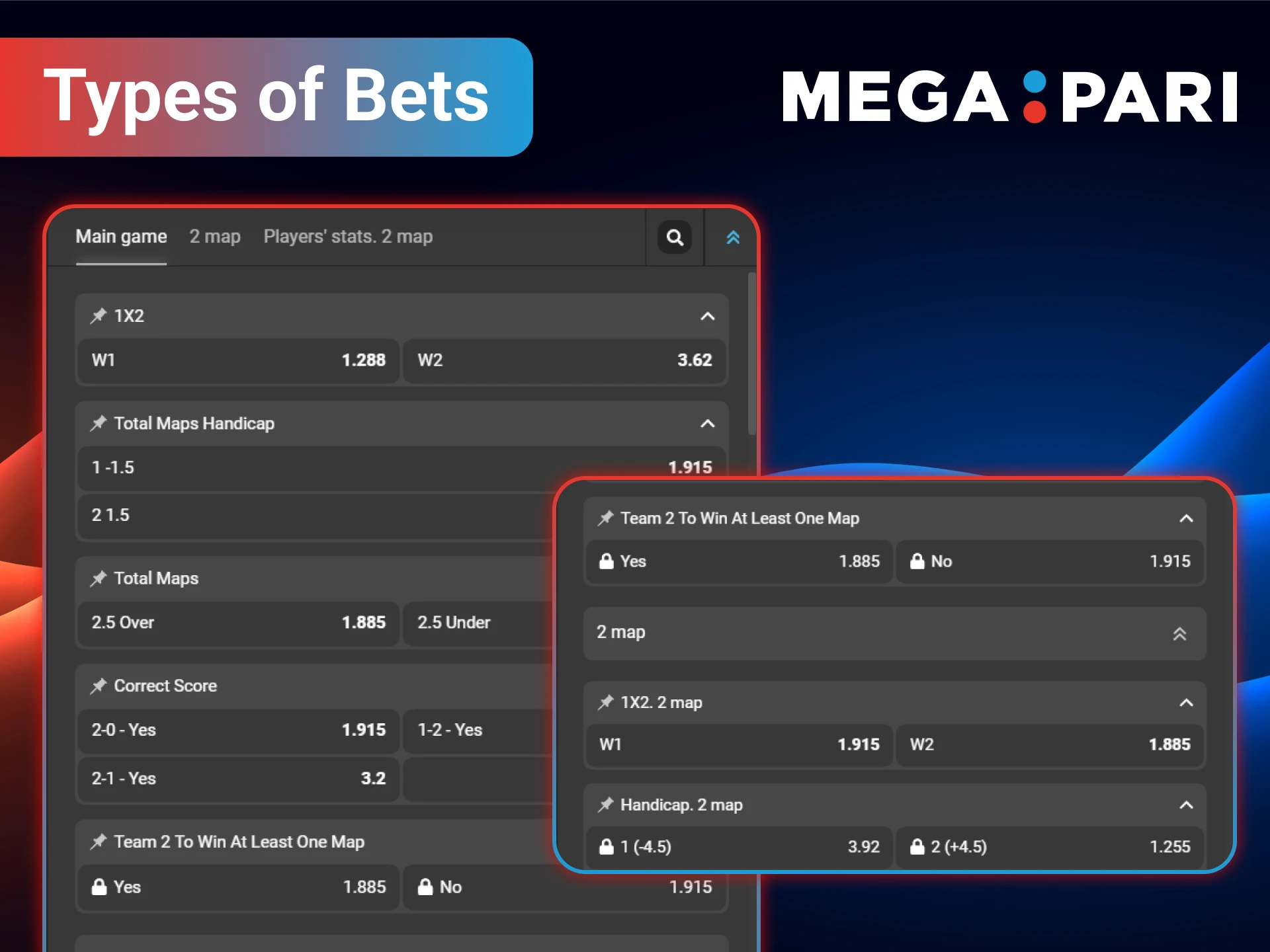 The largest selection of bets is available in the eSports section on MegaPari.
