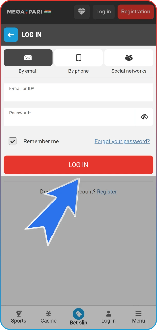 Log in to your MegaPari account for football betting.
