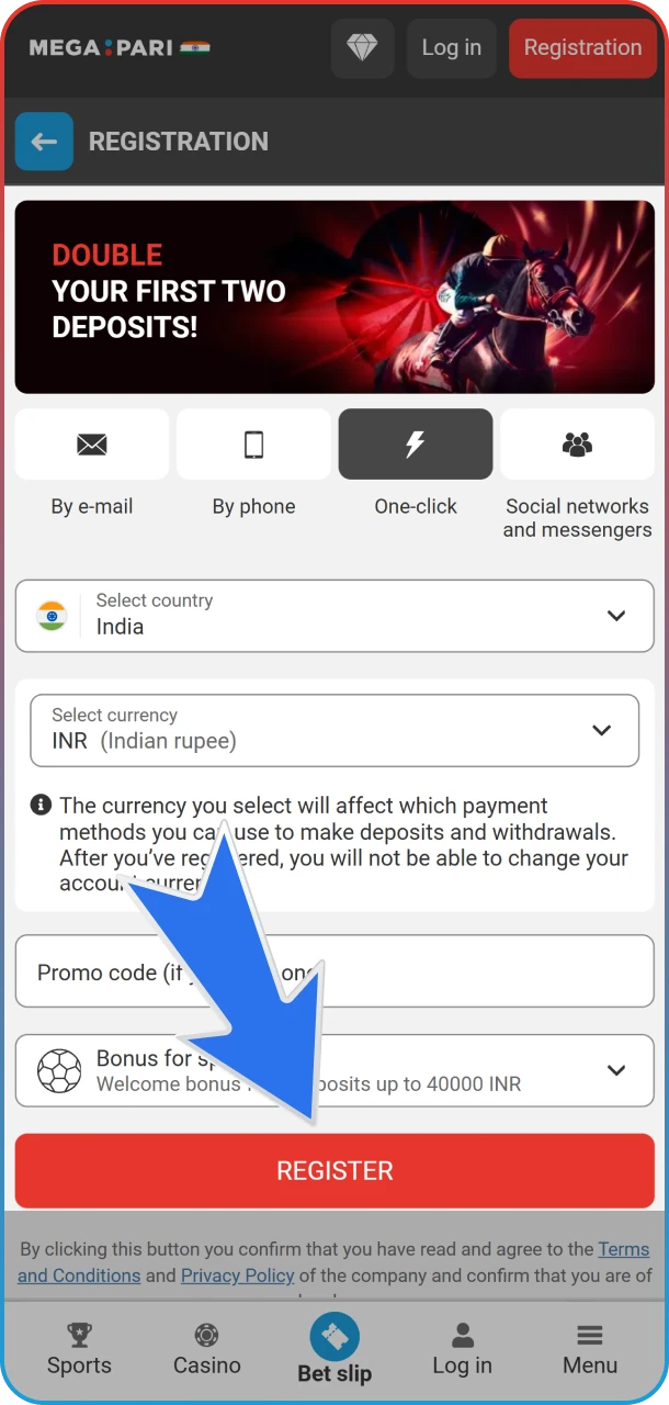 Register with MegaPari for football betting.