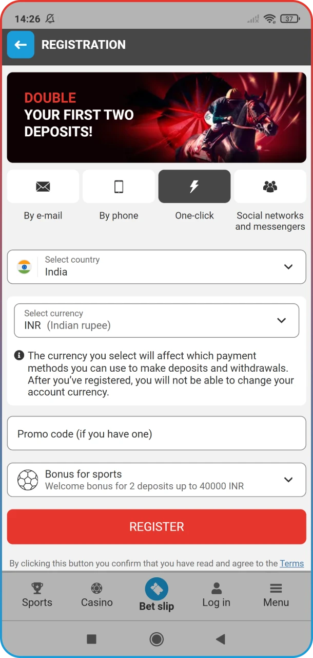 Register in the MegaPari app for Formula 1 betting.