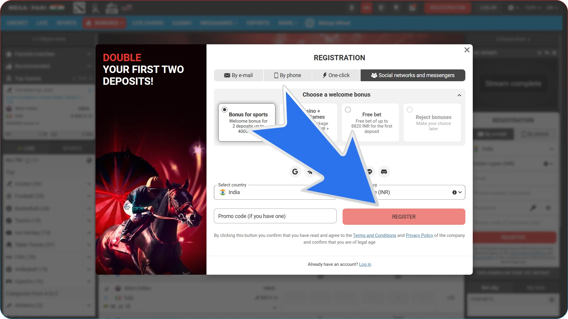 To bet on Formula 1, you must register on the MegaPari website.