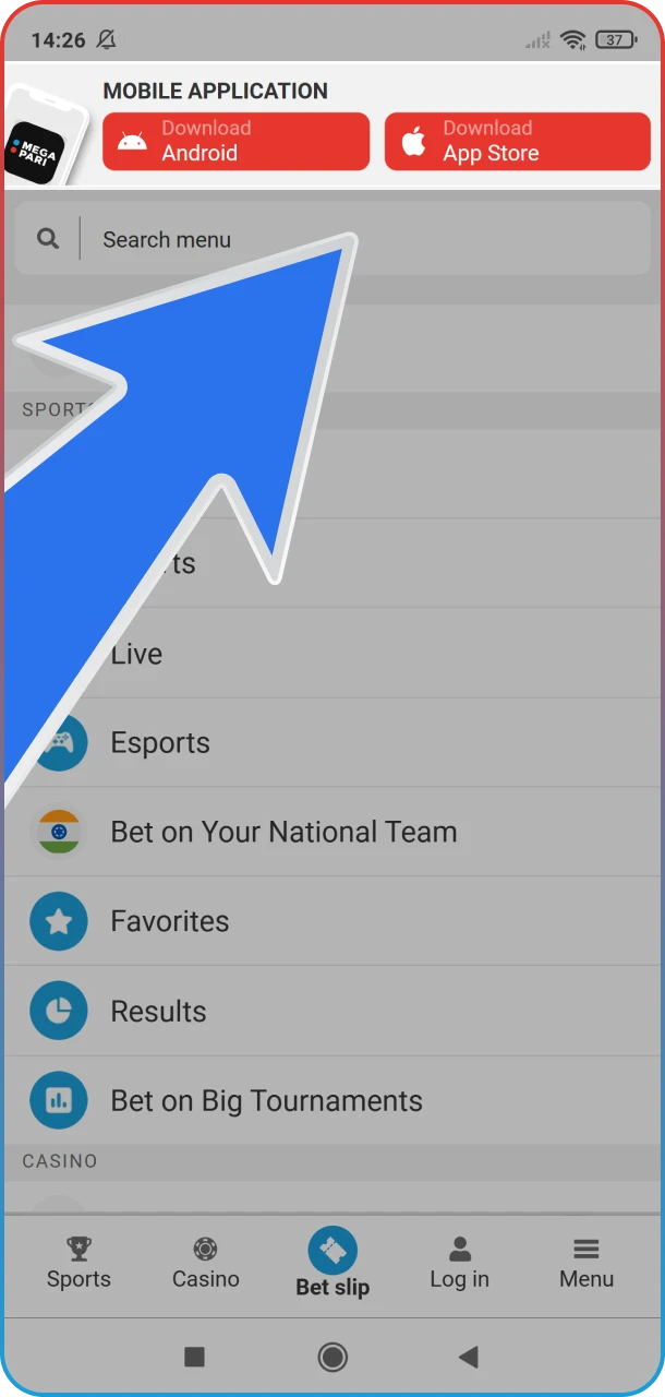 Click the download button for the MegaPari app for hockey betting.