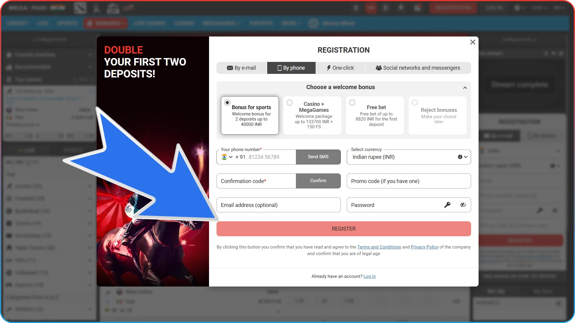 To place bets on hockey, you must register on the MegaPari website.