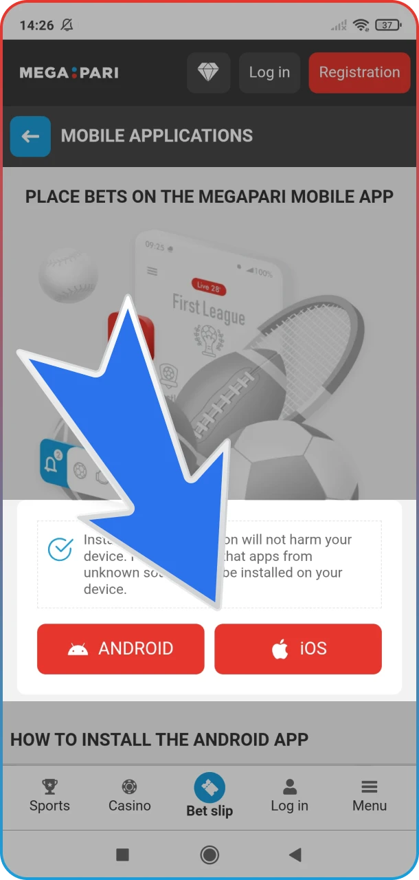 Choose the option to download the MegaPari app for MMA betting.