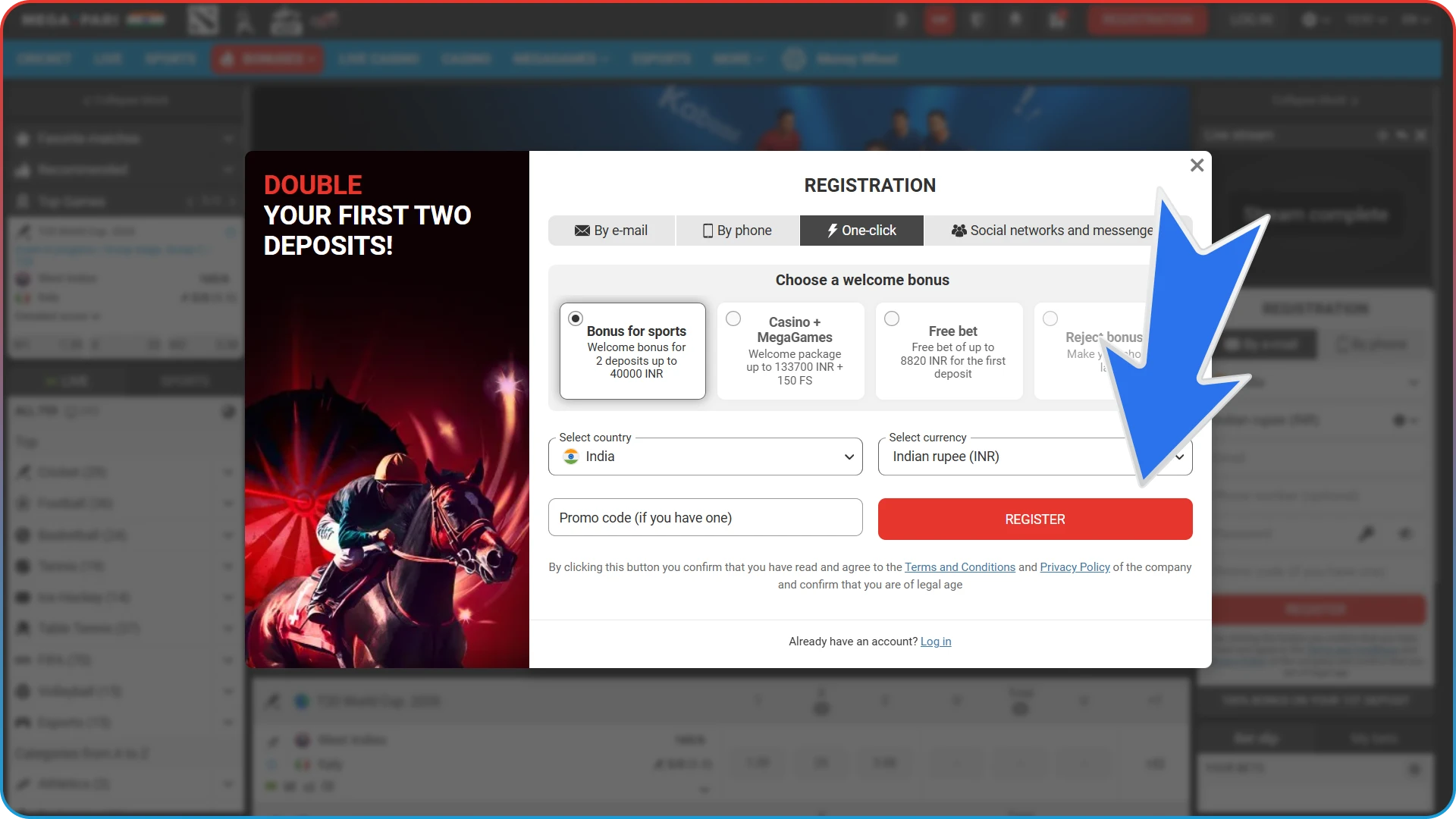 Start registering on the MegaPari website to place a bet on MMA.