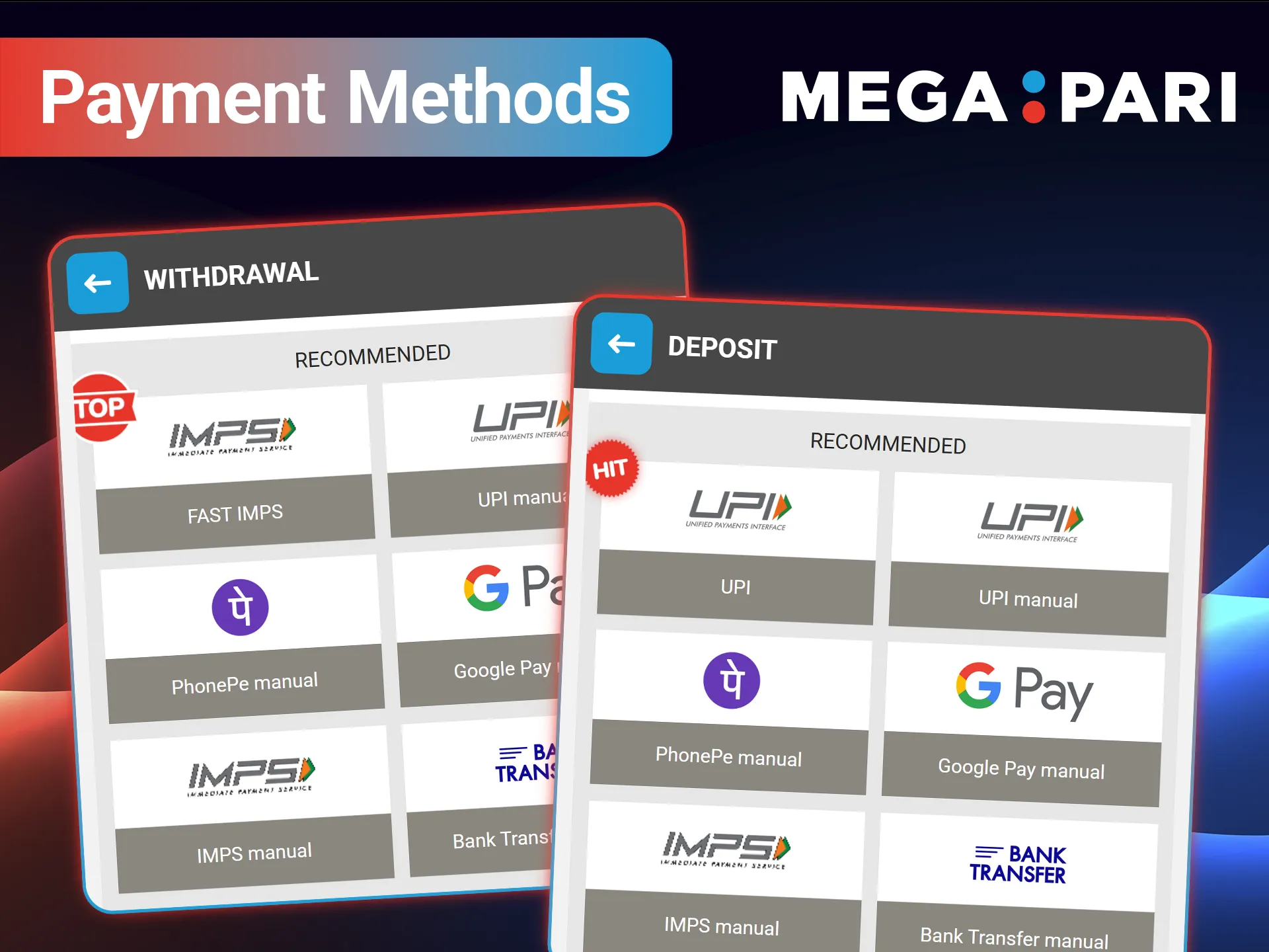 Use secure payment methods to fund your MegaPari Slots account.