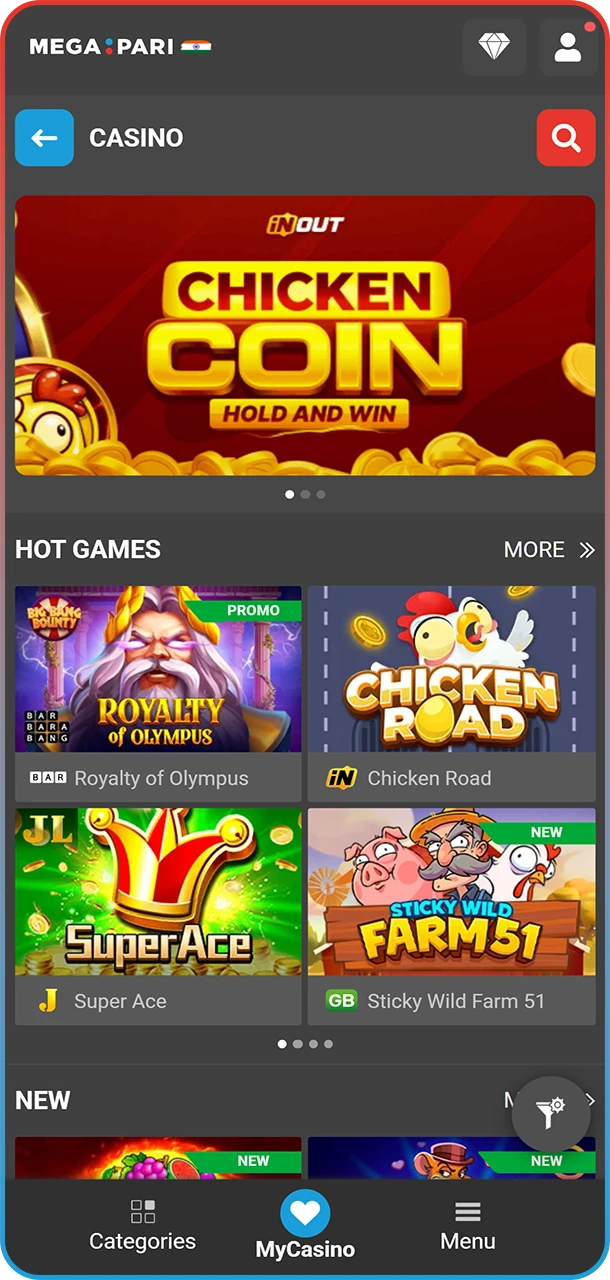 Find a game you like in the MegaPari Slots library.