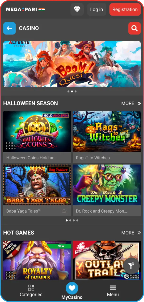 MegaPari casino interface with top slots.