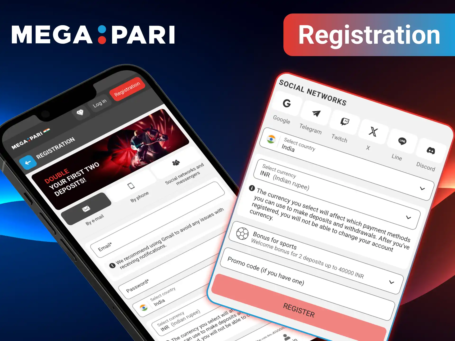 MegaPari registration and bonus screen.