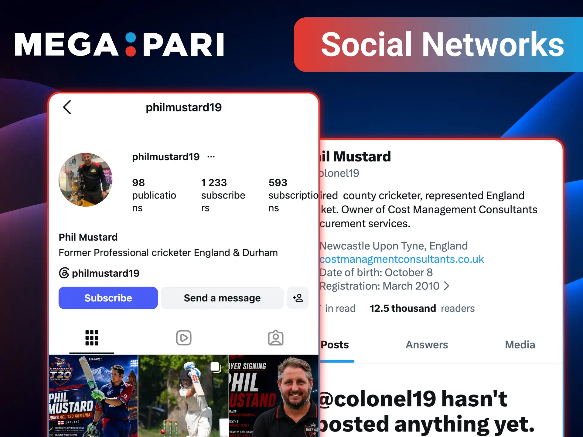 Connect with the official social networks of Phil Mustard to follow his exclusive match insights and Megapari updates.
